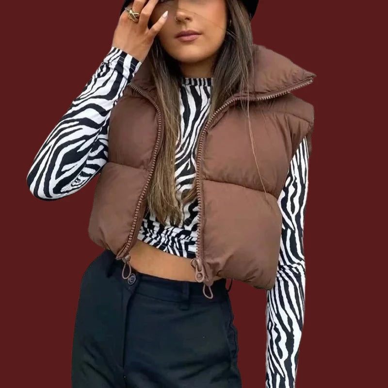 best Autumn And Winter Women's Short Cotton Down Vest Short Stand-up Collar Warm Sleeveless Quilted Vest Outdoor Travel Jacket Tops shop online at M2K Trends for