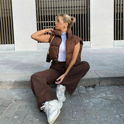 best Autumn And Winter Women's Short Cotton Down Vest Short Stand-up Collar Warm Sleeveless Quilted Vest Outdoor Travel Jacket Tops shop online at M2K Trends for