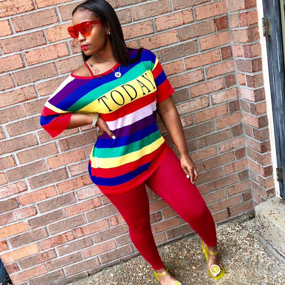 best Autumn Fashion Sporting Women set Rainbow Striped Letter Print T-shirt Skinny Pencil Pants Suit Two Piece Set Elegant Tracksuit women pants set shop online at M2K Trends for