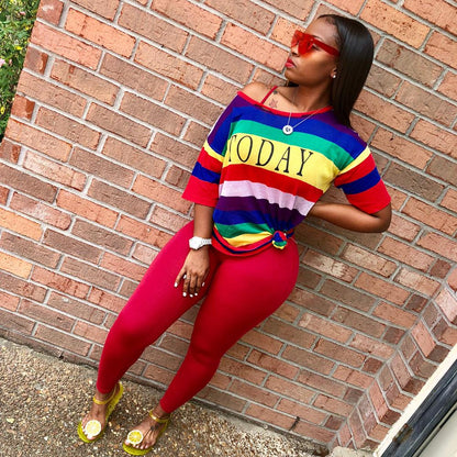 best Autumn Fashion Sporting Women set Rainbow Striped Letter Print T-shirt Skinny Pencil Pants Suit Two Piece Set Elegant Tracksuit women pants set shop online at M2K Trends for