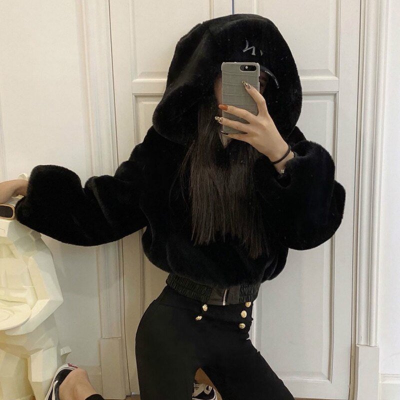 best Autumn Winter Faux Rabbit Fur Bomber Teddy Coat Zipper Streetwear High Waist Furry Hooded Plush Jacket Cardigan Fleece Parkas 0 shop online at M2K Trends for