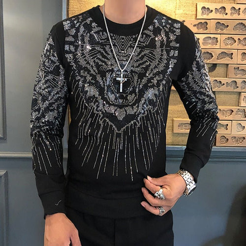best Autumn Winter New Fashion Brand Men's Tee Shirt Homme Personalized Trend Hot Drilling Tiger Head Men's Heavy Industry Tshirt Men 0 shop online at M2K Trends for
