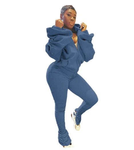 best Autumn Women Casual Two Piece Set Top Trouser Solid Puff Sleeve Backless Hooded Pants Tracksuit Sweatsuit Y2k Streetwear Outfits shop online at M2K Trends for