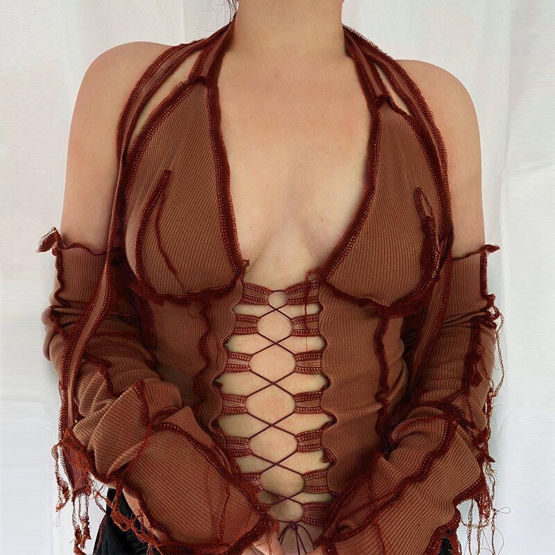 best Backless Halter Ribbed Tie Front Top Women Long Sleeve Hollow Out Lace Up T Shirts Patchwork Sexy Crop Top Backless Halter Ribbed shop online at M2K Trends for Backless Halter Ribbed