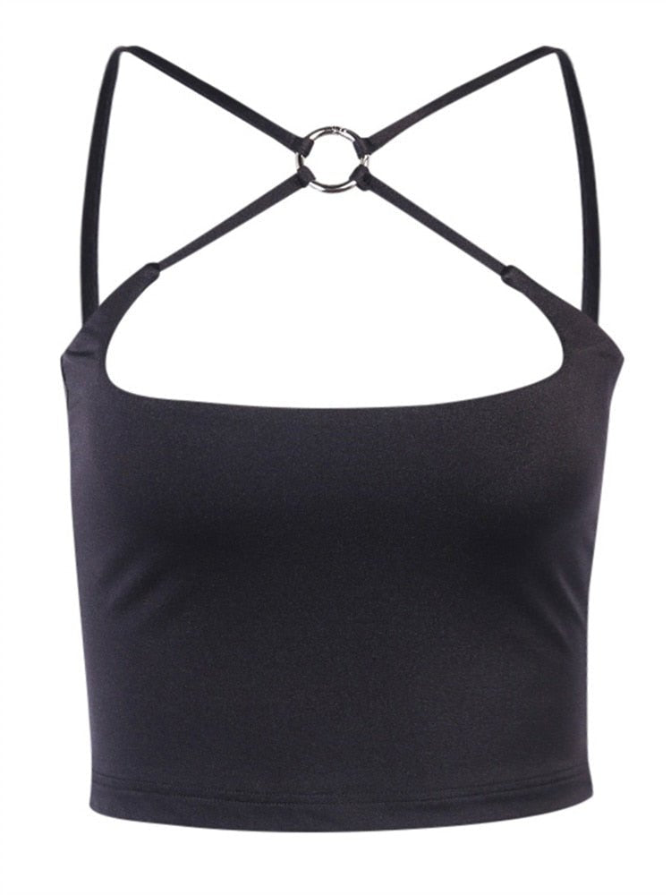 best Black Solid Cut Out Crop Top Female Slim Sexy Rave Party Clubwear Cross Choker Y2K Summer Tops For Women Camisole Pink Tees 0 shop online at M2K Trends for