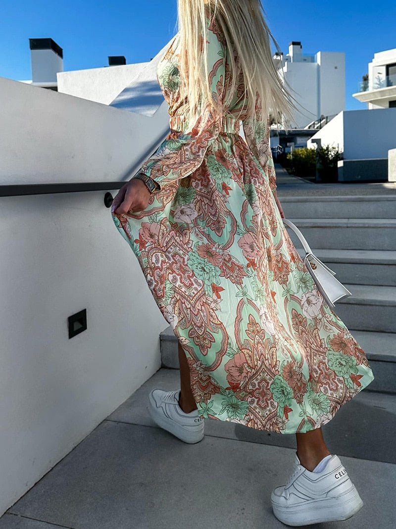 best Boho Floral Print Long Dress Women Sexy Deep V-Neck Long Sleeve High Split Swing Dress with Belt Elegant Beach Dresses Vestidos 0 shop online at M2K Trends for