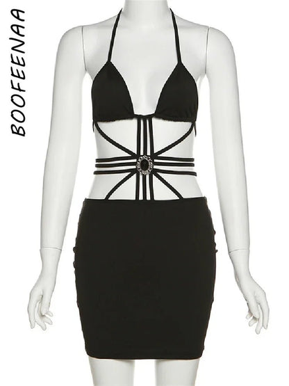 best BOOFEENAA Cut Out Halter Backless Mini Bodycon Dresses Sexy Summer 2023 Rave Festival Outfits Nightclub Black Dress C16-BH21 shop online at M2K Trends for