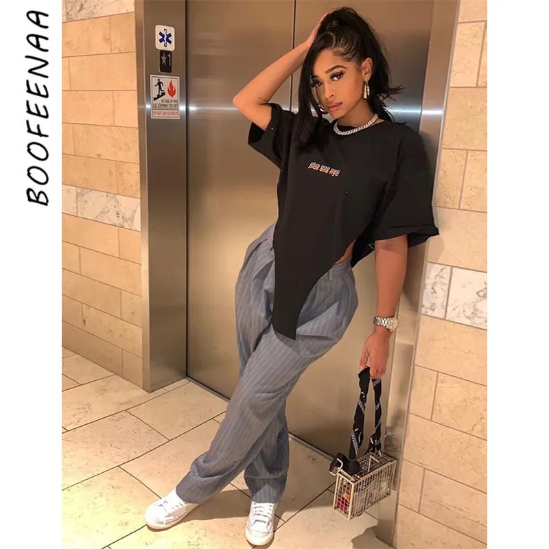 best BOOFEENAA Streetwear Letter Graphic T Shirts Y2k Clothes Crop Top Women Oversized Black Tees Alternative Clothing C85-BC14 shop online at M2K Trends for