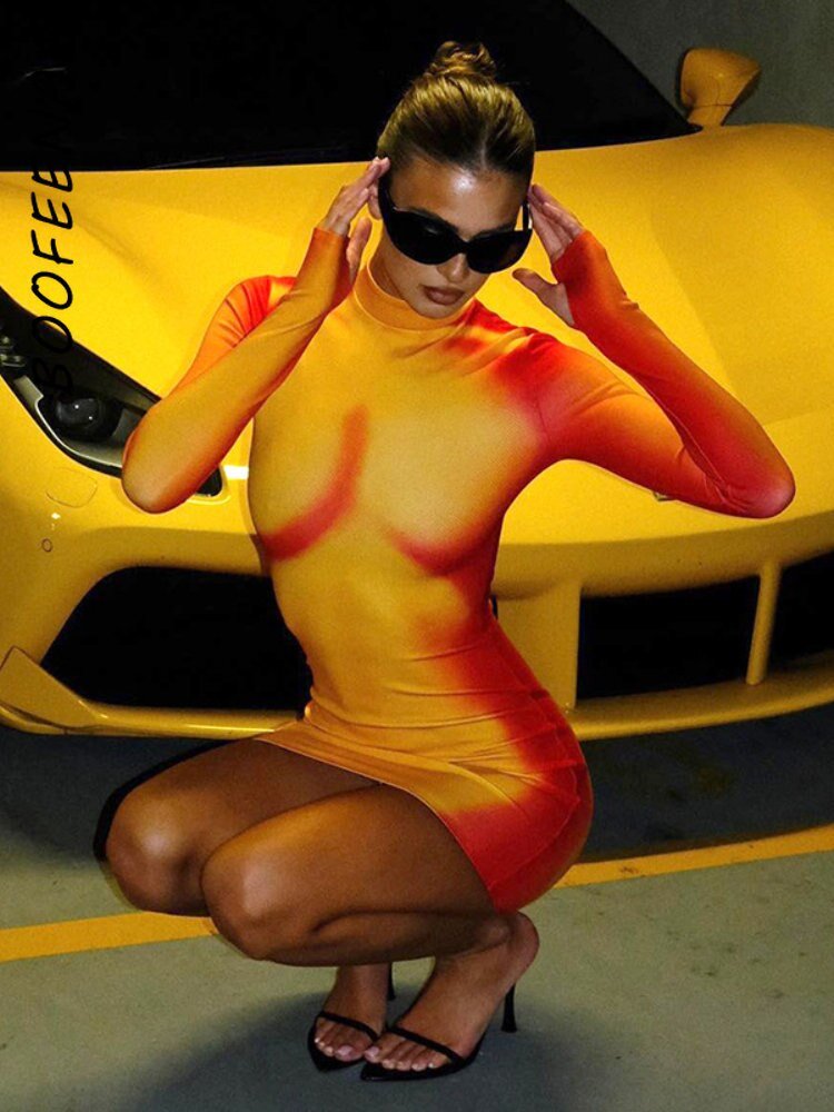 best BOOFEENAA Yellow 3D Body Print Sexy Dress Y2k Streetwear Womans Clothing Long Sleeve Bodycon Short Dresses Club Wear C85-BD18 0 shop online at M2K Trends for