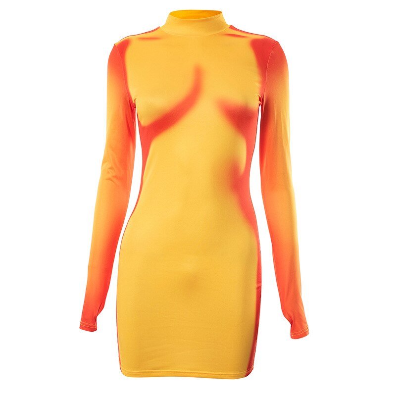 best BOOFEENAA Yellow 3D Body Print Sexy Dress Y2k Streetwear Womans Clothing Long Sleeve Bodycon Short Dresses Club Wear C85-BD18 0 shop online at M2K Trends for