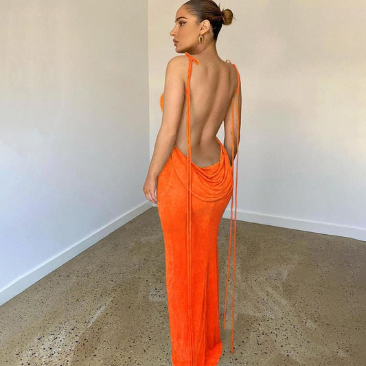 best Elegant Fashion Halter Sexy Backless Draped Maxi Dress Women 2023 Summer Women Party Long Straps Shift Dresses Clothes naughty dresses shop online at M2K Trends for