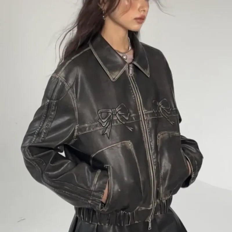 best Bow Y2k Motorcycle PU Leather Jacket Female Autumn Fashion Zipper Polo-neck Sweet Cool Personal Street Vintage Oversize Coat Top Leather Jacket shop online at M2K Trends for
