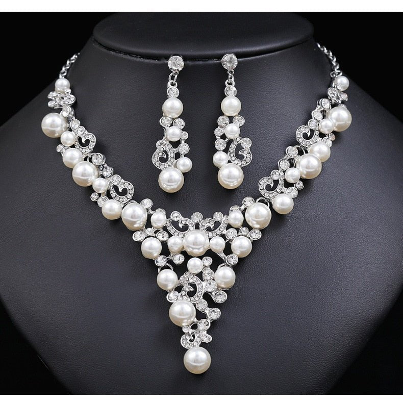 best CANPEL Fashion Imitation Pearl Wedding Necklace Earring Sets Bridal For Women Elegant Rhinestone Jewelry Sets Party Gift Accessories shop online at M2K Trends for