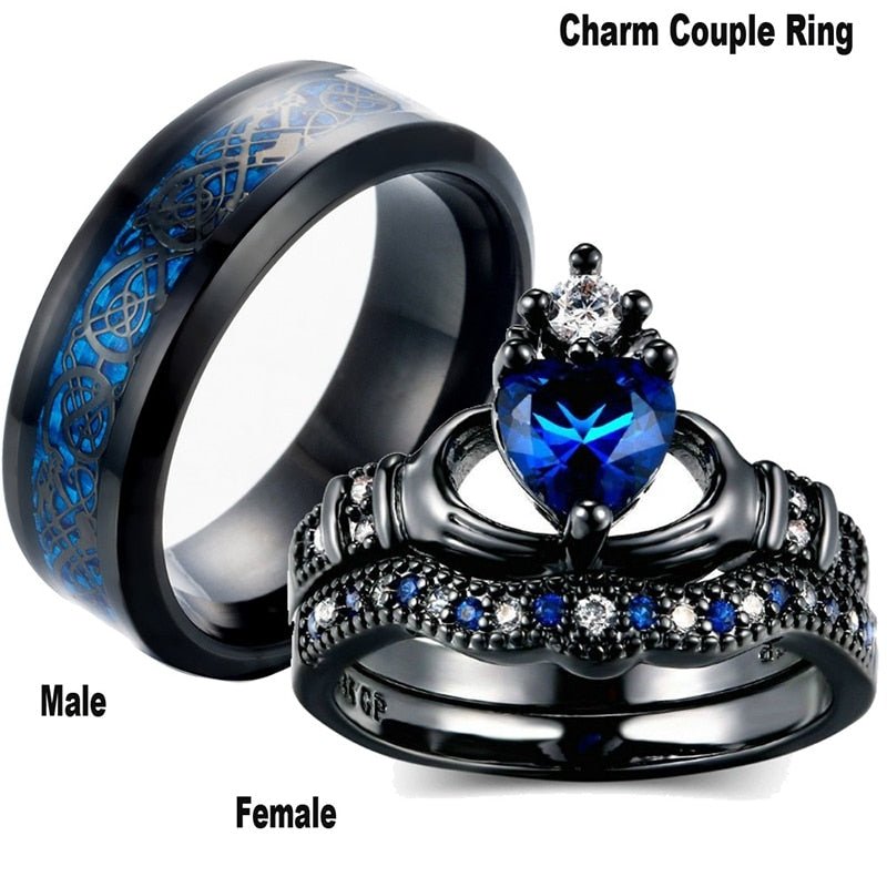 best Carofeez Charm Couple Ring Stainless Steel Black man Ring Blue Zircon Women Ring Sets shop online at M2K Trends for