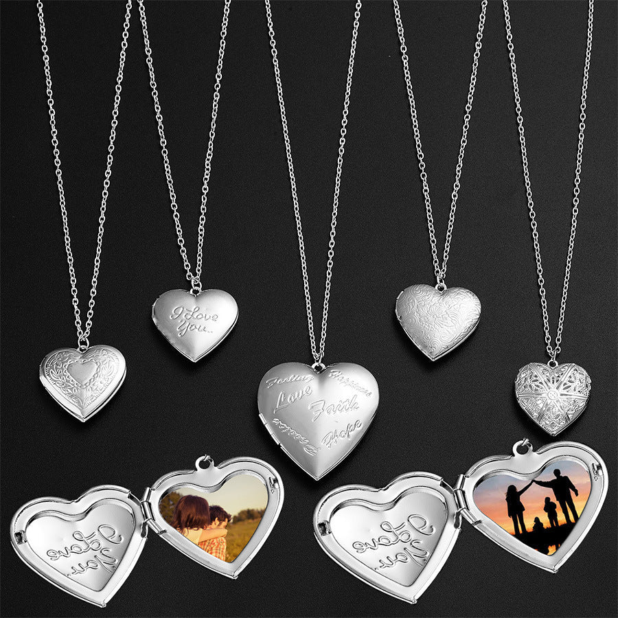 best Carved Design Love Necklace Personalized Heart-shaped Photo Frame Pendant Necklace For Women Family Jewelry For Valentine's Day neckless shop online at M2K Trends for