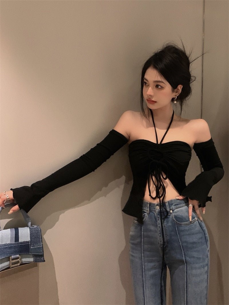 best Charming Women Sexy Crop Tops Women Halter Neck Tops with Sleeves Solid Color Pleated Tie Up Drawstring Summer Slim Fit Shirt 0 shop online at M2K Trends for