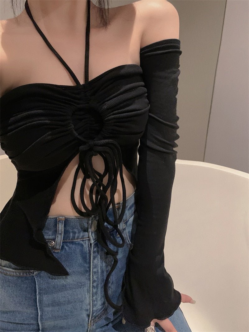 best Charming Women Sexy Crop Tops Women Halter Neck Tops with Sleeves Solid Color Pleated Tie Up Drawstring Summer Slim Fit Shirt 0 shop online at M2K Trends for