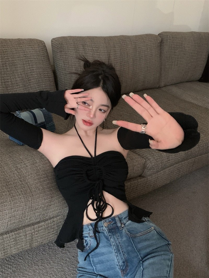 best Charming Women Sexy Crop Tops Women Halter Neck Tops with Sleeves Solid Color Pleated Tie Up Drawstring Summer Slim Fit Shirt 0 shop online at M2K Trends for