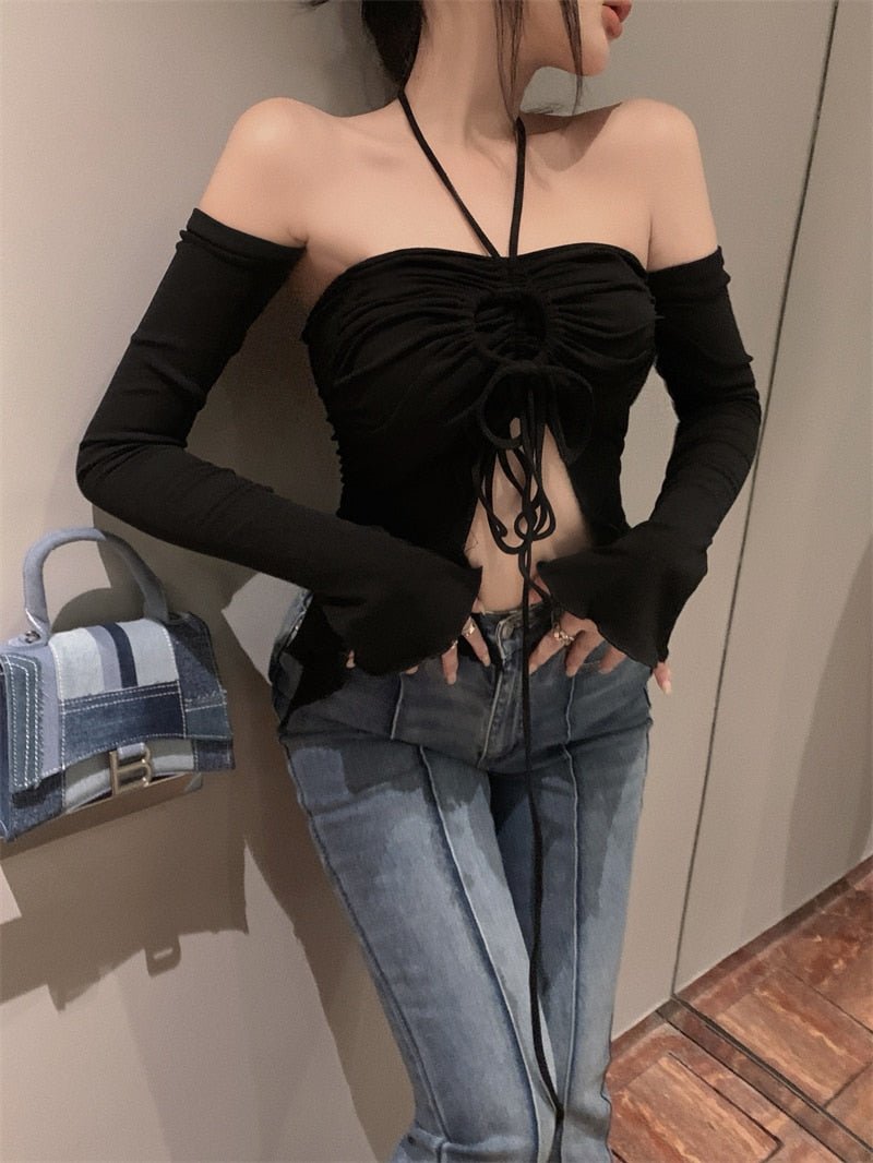 best Charming Women Sexy Crop Tops Women Halter Neck Tops with Sleeves Solid Color Pleated Tie Up Drawstring Summer Slim Fit Shirt 0 shop online at M2K Trends for