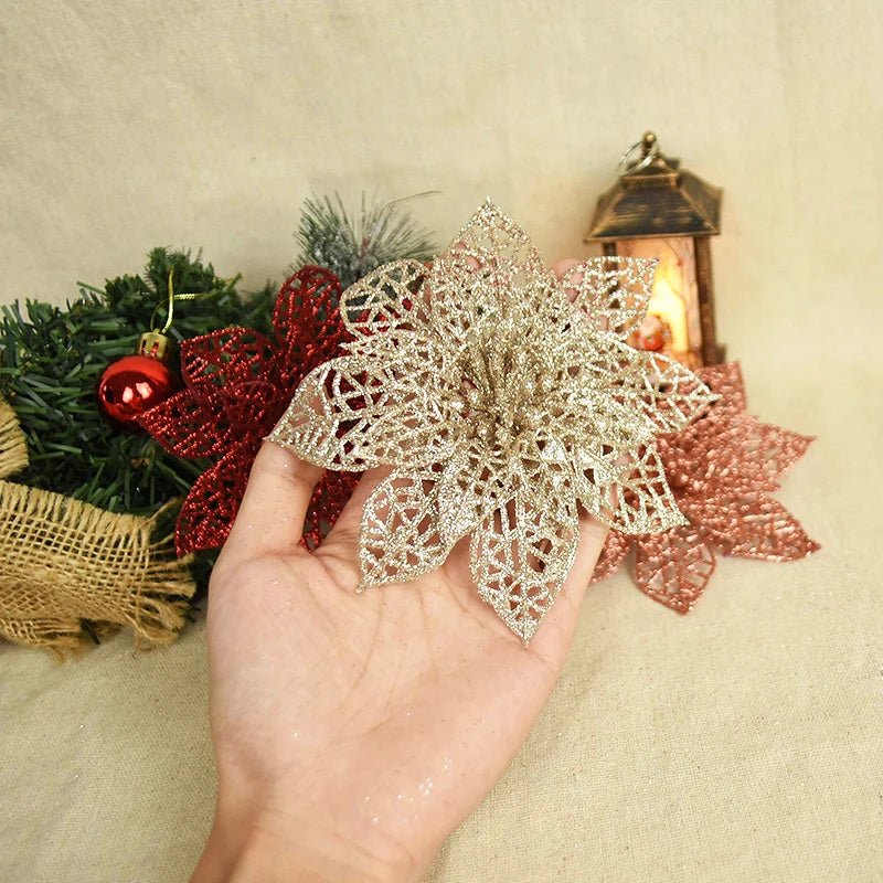 best cheap 5pcs Glitter Artificial Christmas Flowers Christmas Tree Decoration For Home Fake Flowers Xmas Ornament New Year Party Decor shop online at M2K Trends for
