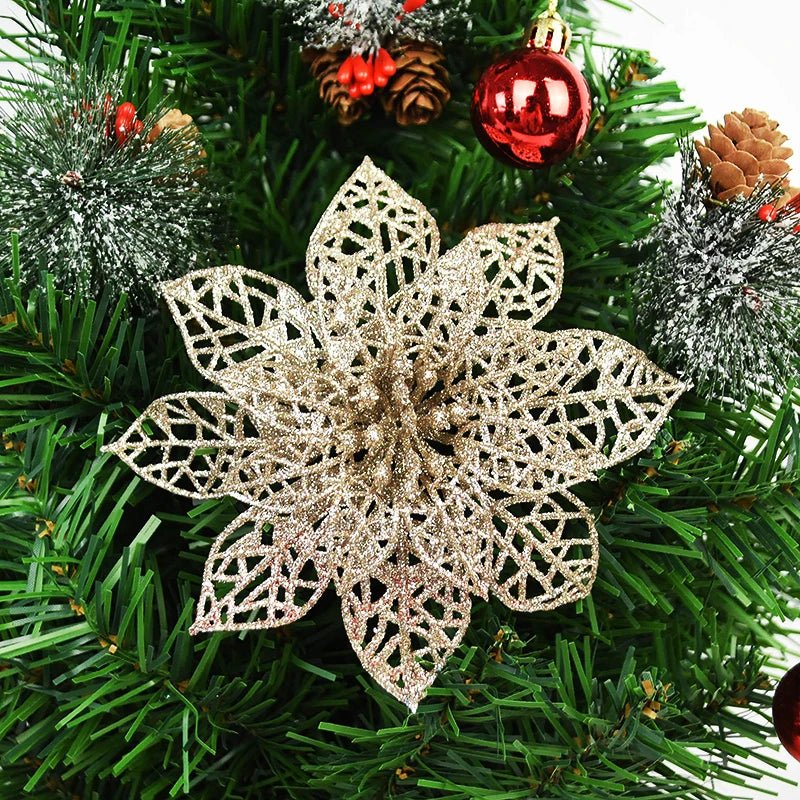 best cheap 5pcs Glitter Artificial Christmas Flowers Christmas Tree Decoration For Home Fake Flowers Xmas Ornament New Year Party Decor shop online at M2K Trends for