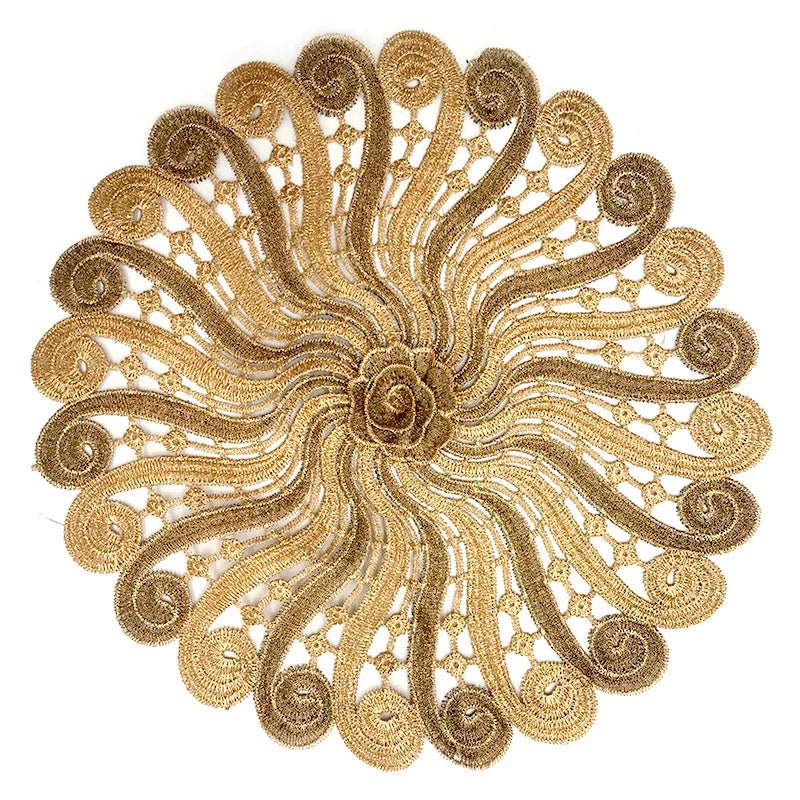 best cheap NEW Gold 3D Round Embroidery table place mat Christmas flower pad Cloth placemat cup wedding Coffee tea coaster doily kitchen shop online at M2K Trends for