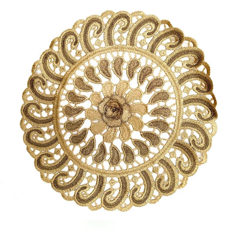 best cheap NEW Gold 3D Round Embroidery table place mat Christmas flower pad Cloth placemat cup wedding Coffee tea coaster doily kitchen shop online at M2K Trends for