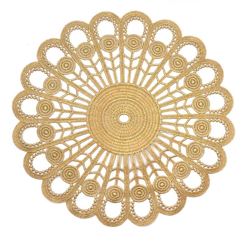 best cheap NEW Gold 3D Round Embroidery table place mat Christmas flower pad Cloth placemat cup wedding Coffee tea coaster doily kitchen shop online at M2K Trends for