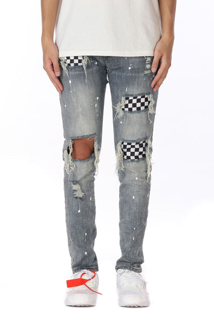 best Checkered Checkerboard, Ripped Holes, Slim-Fit Micro-Elastic Jeans 0 shop online at M2K Trends for