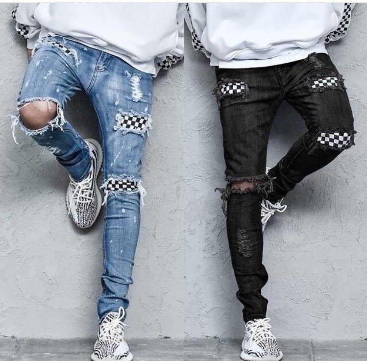 best Checkered Checkerboard, Ripped Holes, Slim-Fit Micro-Elastic Jeans 0 shop online at M2K Trends for