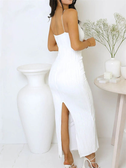 best CHRONSTYLE 2023 Sexy Women Long Dress Ruched Sleeveless Slim Solid Summer Party Back Split Dress Clubwear Female Vestido Outfits 0 shop online at M2K Trends for