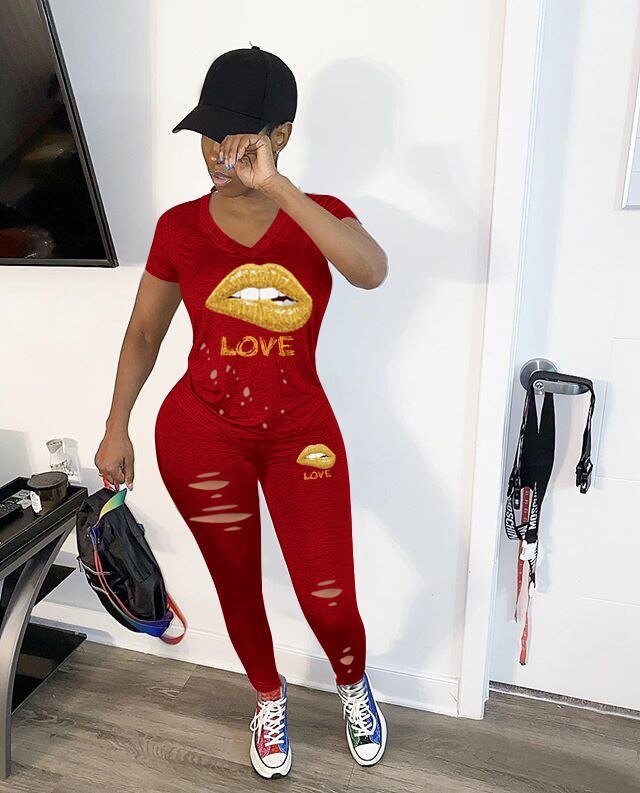 best CM.YAYA Women Sets Summer Tracksuits Love Lips Print Sportswear Tee Tops Hole Jogger Pants Suit Two Piece Set Street 2Pcs Outfit women two piece shop online at M2K Trends for