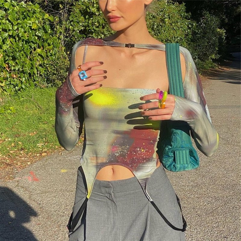 best CNYISHE Sexy Tie Dye Cropped Shirt Long Sleeve Slim Streetwear T-shirt Tees Women Tops Casual Boho Print Outfits Spring Crop Top 0 shop online at M2K Trends for