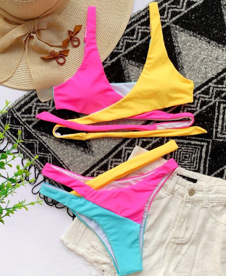 best Color Ladies Split Bikini Set Cross Adjustable Strap Swimsuit Stitching Swimwear High Waist Wsummer Bikini Set Clothing shop online at M2K Trends for swim suit