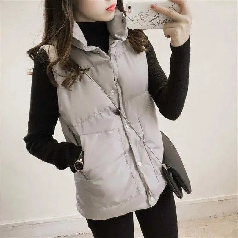 best Cotton Jacket Cardigan Women's Autumn Winter New Solid Color Vest Single-breasted Pocket Sleeveless Parka Loose Simple Commuting shop online at M2K Trends for