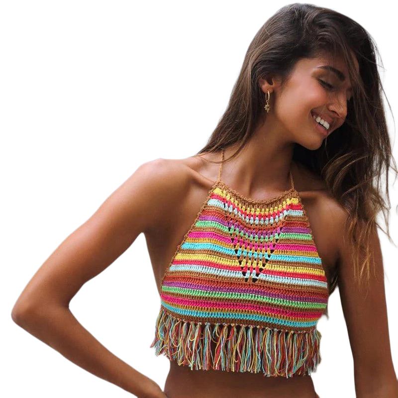 best Crochet Colours Stripes Bikini Top Beach Women Tassel Swimwear Top 0 shop online at M2K Trends for