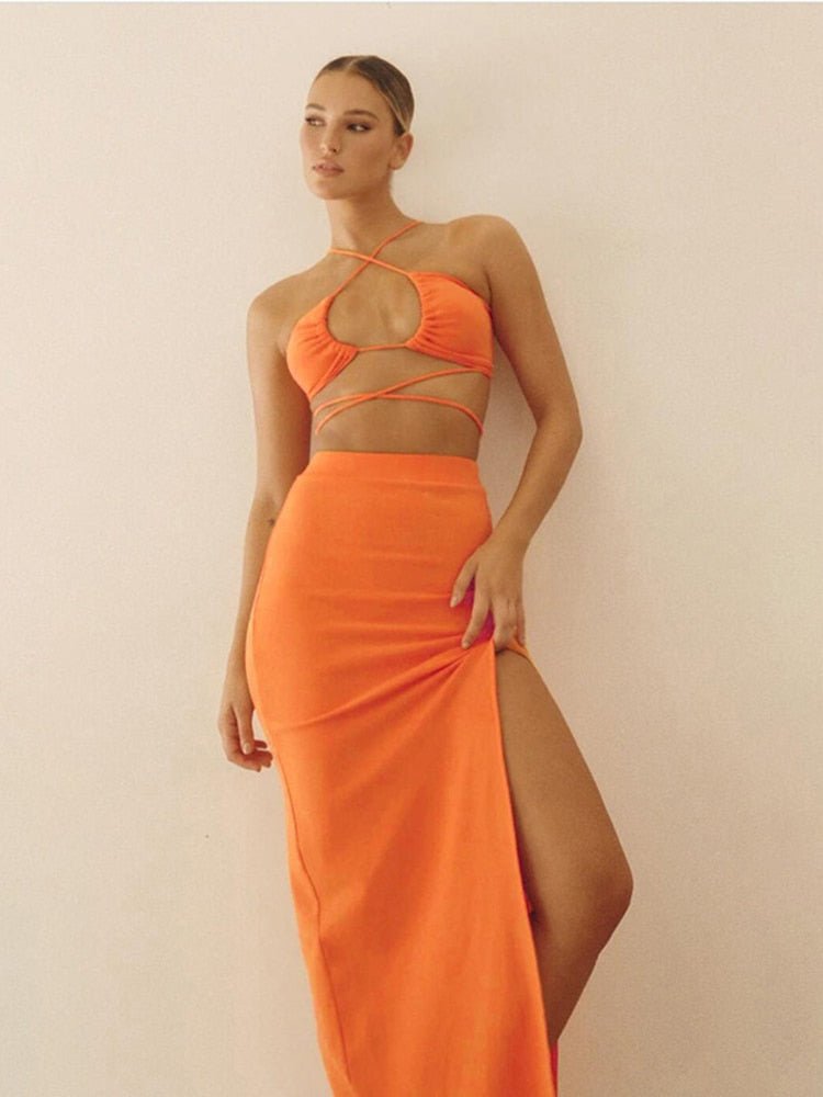 best Cryptographic Bandage Cut Out Sexy Halter Neck Top and Skirts Set Gathered Elegant Club 2022 Summer Outfits Split Two Piece Set 0 shop online at M2K Trends for