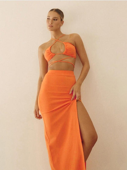 best Cryptographic Bandage Cut Out Sexy Halter Neck Top and Skirts Set Gathered Elegant Club 2022 Summer Outfits Split Two Piece Set 0 shop online at M2K Trends for