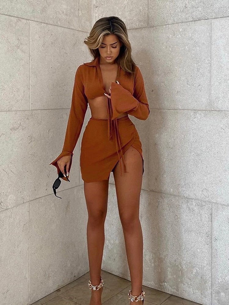 best Brown Sexy Tie Front Top and Skirt Sets Women Fashion Outfits Fall Matching Set Split Skirt Club Party Clothes naughty dresses shop online at M2K Trends for