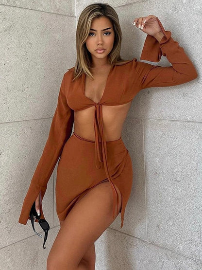 best Brown Sexy Tie Front Top and Skirt Sets Women Fashion Outfits Fall Matching Set Split Skirt Club Party Clothes naughty dresses shop online at M2K Trends for