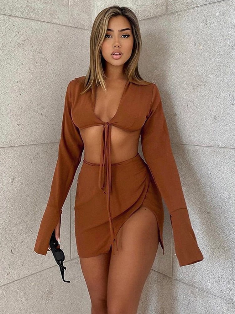 best Brown Sexy Tie Front Top and Skirt Sets Women Fashion Outfits Fall Matching Set Split Skirt Club Party Clothes naughty dresses shop online at M2K Trends for