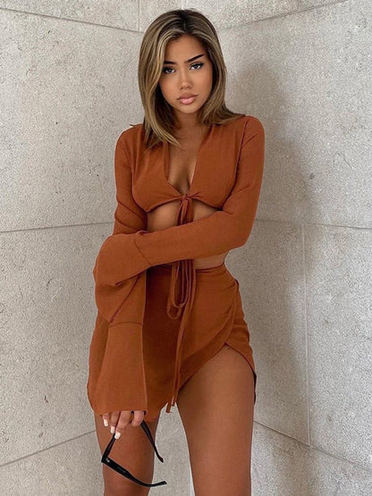 best Brown Sexy Tie Front Top and Skirt Sets Women Fashion Outfits Fall Matching Set Split Skirt Club Party Clothes naughty dresses shop online at M2K Trends for