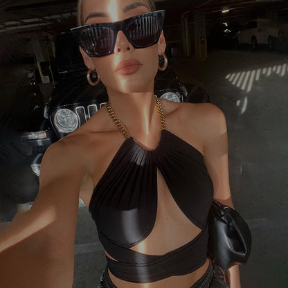 best Sexy Chain Halter Crop Tops for Women Hollow Sleeveless Top Cropped Club Party Outfits Summer 2021 0 shop online at M2K Trends for