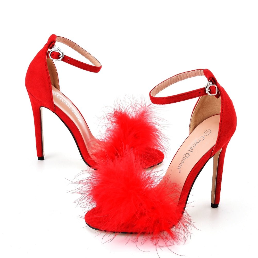 best Crystal Queen Women Summer Sandals Fluffy Peep Toe Stilettos High Heels Fur Feather Lady Wedding Shoes Large Size 42 0 shop online at M2K Trends for