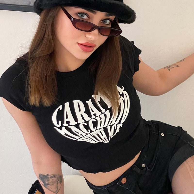 best Cute Cartoon Prited T-Shirts Funny Devil Child Print Crop Top 90s Girls Tee Shirt Summer Khaki Short Sleeve Tees Streetwear 2022 0 shop online at M2K Trends for