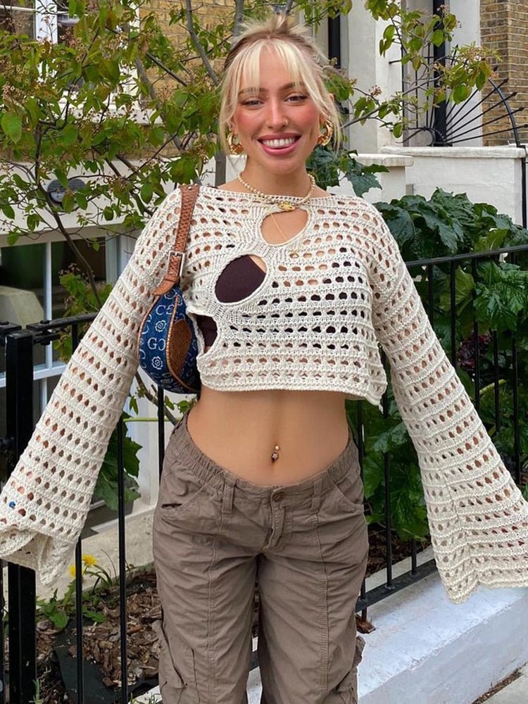 best Cuteandpsycho Y2K Hollow Out Cropped Knit Smock Top Vintage Loose Distressed Crochet Pullovers Casual Fairycore Chic Crop Cloth 0 shop online at M2K Trends for