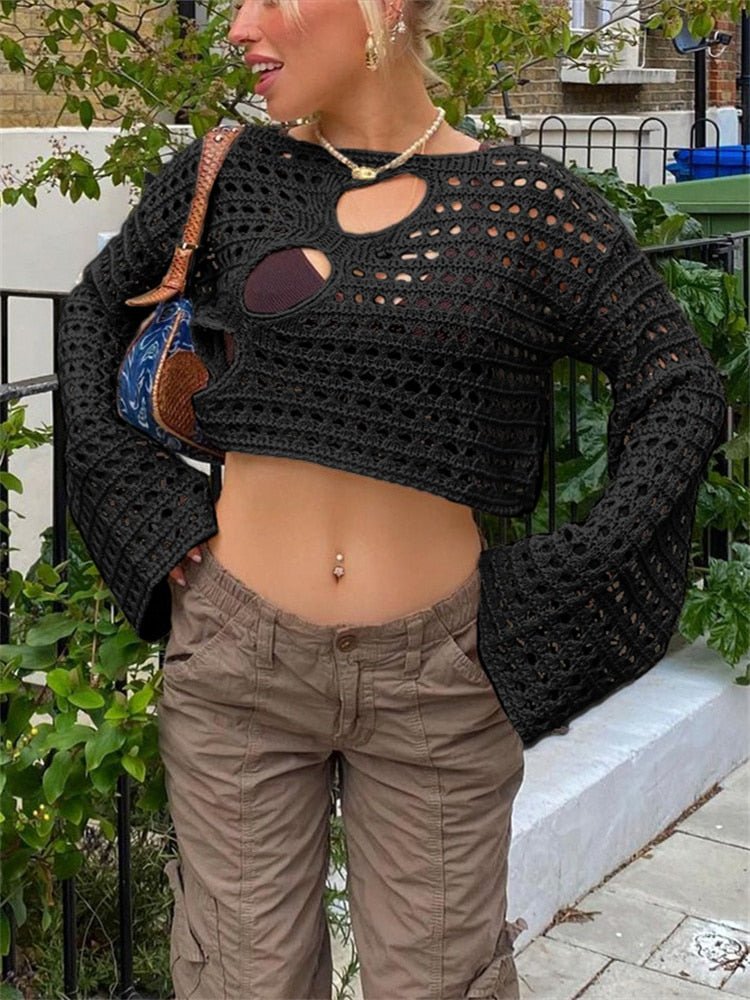 best Cuteandpsycho Y2K Hollow Out Cropped Knit Smock Top Vintage Loose Distressed Crochet Pullovers Casual Fairycore Chic Crop Cloth 0 shop online at M2K Trends for