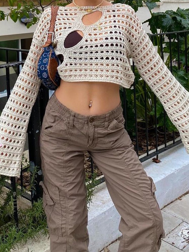 best Cuteandpsycho Y2K Hollow Out Cropped Knit Smock Top Vintage Loose Distressed Crochet Pullovers Casual Fairycore Chic Crop Cloth 0 shop online at M2K Trends for