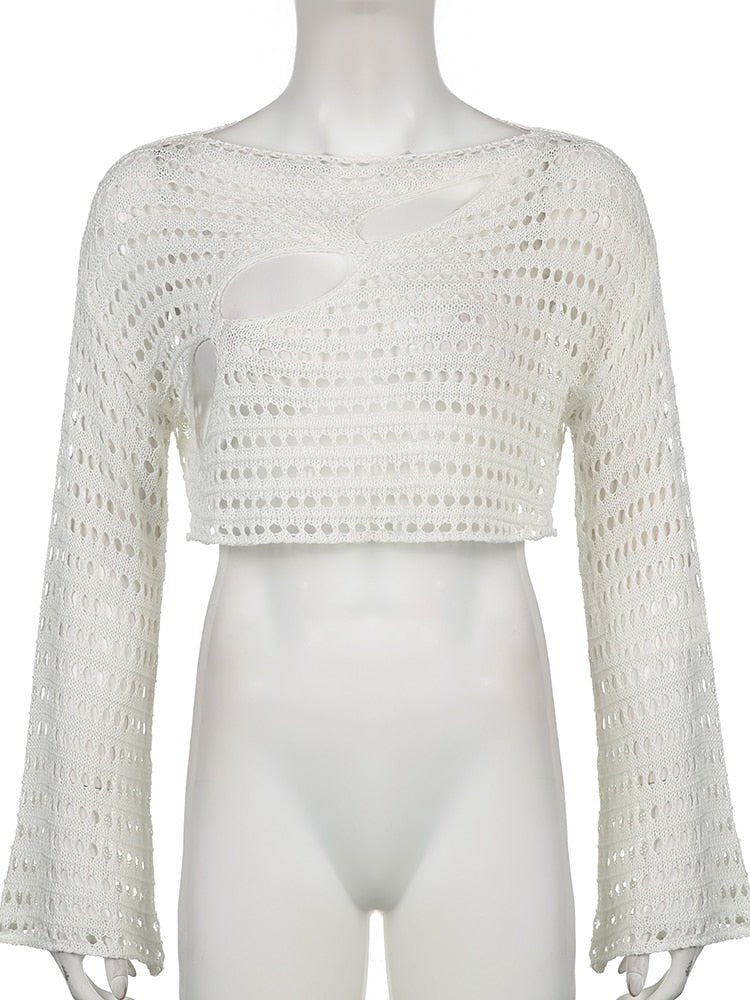 best Cuteandpsycho Y2K Hollow Out Cropped Knit Smock Top Vintage Loose Distressed Crochet Pullovers Casual Fairycore Chic Crop Cloth 0 shop online at M2K Trends for