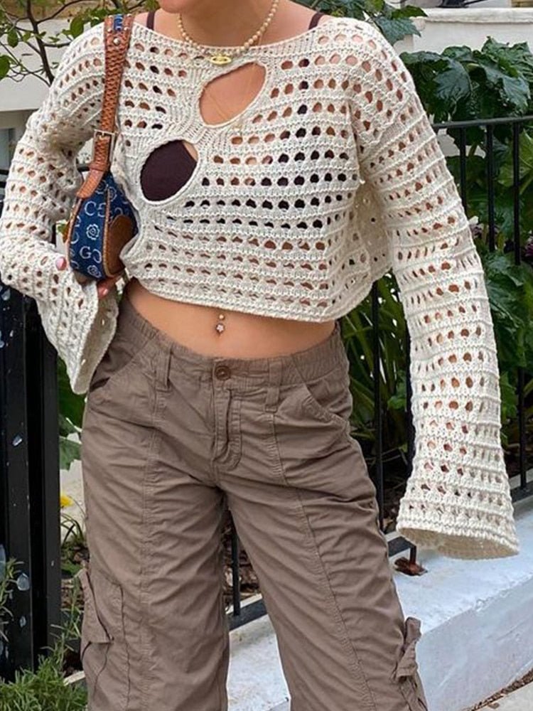 best Cuteandpsycho Y2K Hollow Out Cropped Knit Smock Top Vintage Loose Distressed Crochet Pullovers Casual Fairycore Chic Crop Cloth 0 shop online at M2K Trends for